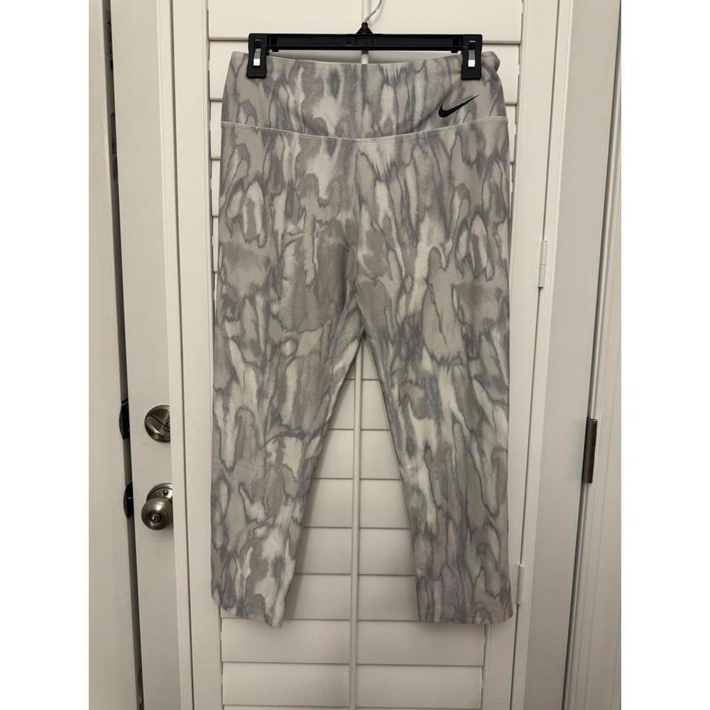 Nike Dri-FIT Women Grey White Abstract Print Cropped Leggings Size M Tie Dye